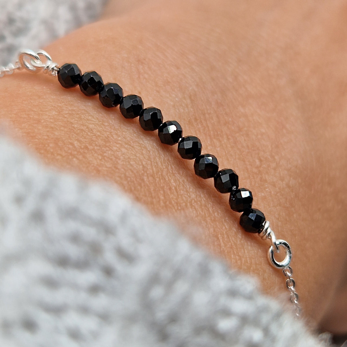Armband schwarzer Spinell 925 Silber filigran Edelstein Naturstein facettiert