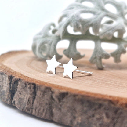 Ohrstecker in Stern Form aus 925 Sterling Silber auf einer Holzscheibe mit Rinde dekoriert mit weißen flauschigen Blättern