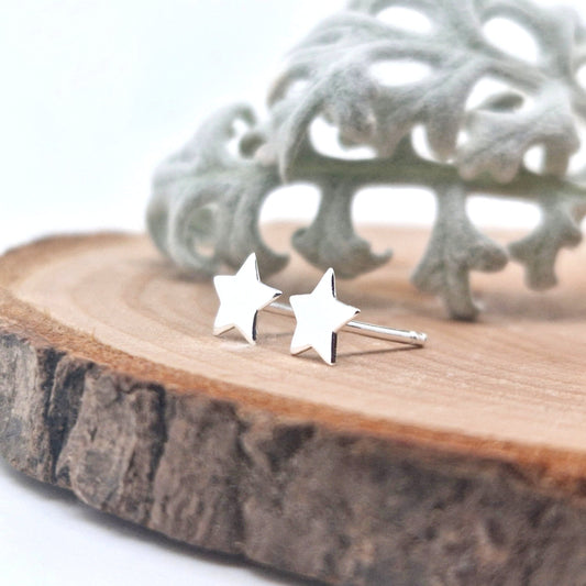Ohrstecker in Stern Form aus 925 Sterling Silber auf einer Holzscheibe mit Rinde dekoriert mit weißen flauschigen Blättern