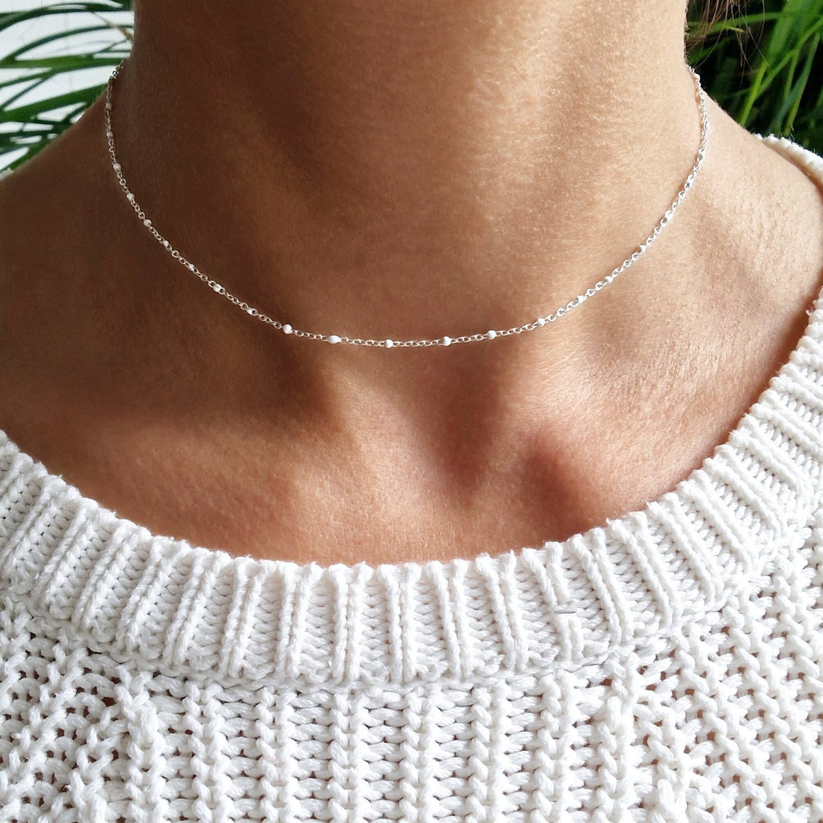 Halskette mit Emaille Perlen 925 Silber zarte facettierte Ankerkette Layering