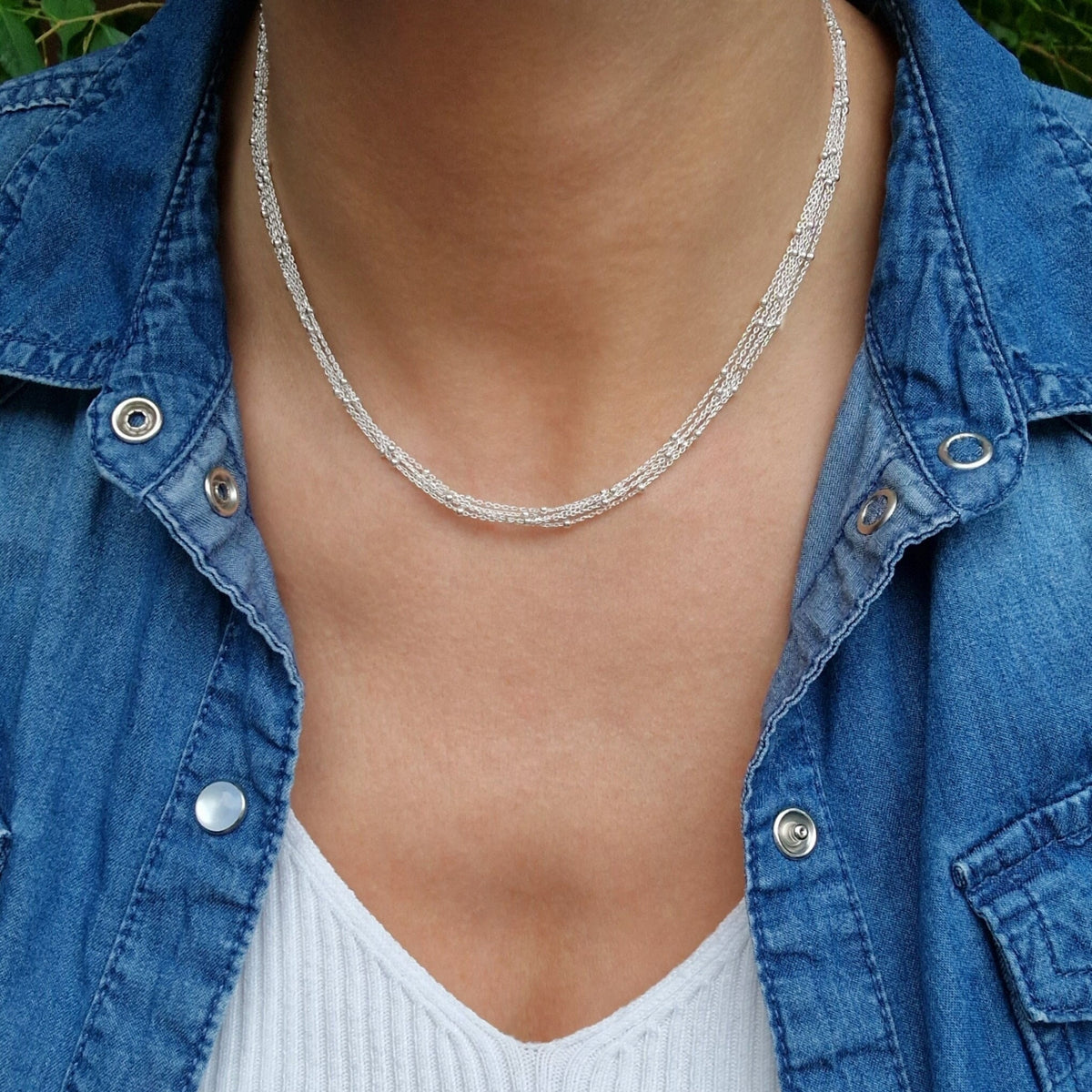 Filigrane Satellitenkette 925 Silber fünfreihig Layering sehr zarte Kette