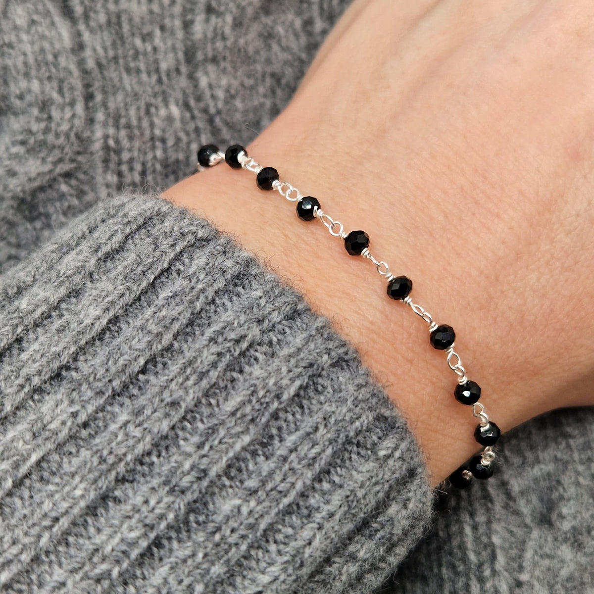 Armband schwarzer Spinell 925 Silber filigran Edelstein Naturstein facettiert