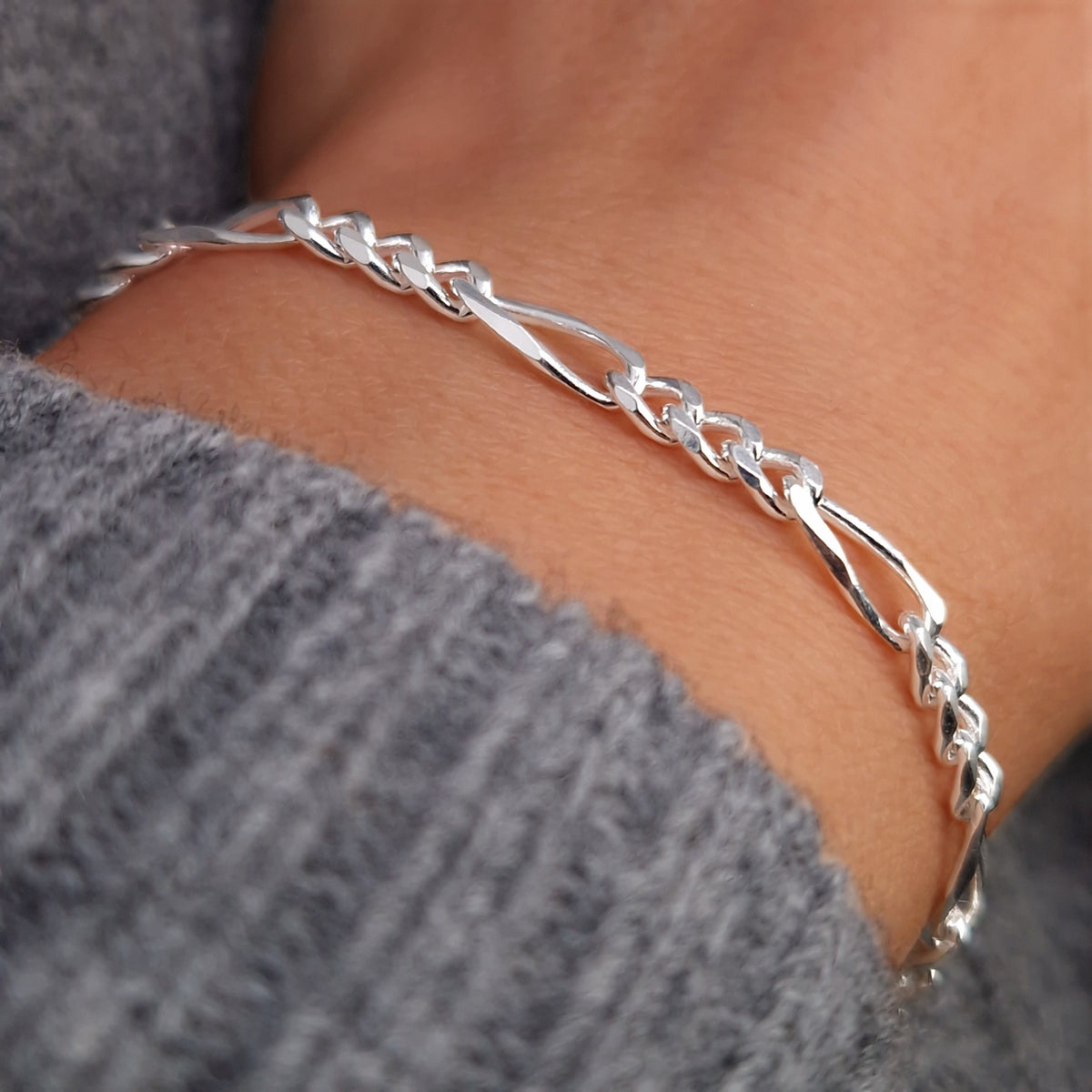 Figaro Armband breit 925 Silber Silberarmband massiv große Kettenglieder 4,3 mm