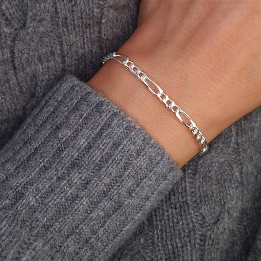 Figaro Armband breit 925 Silber Silberarmband massiv große Kettenglieder 4,3 mm