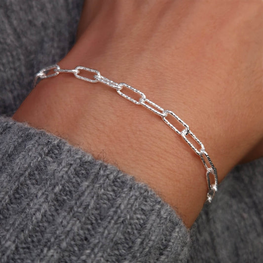 Armband Paperclip 925 Silber strukturiert große breite rechteckige Kettenglieder ca 4x9mm
