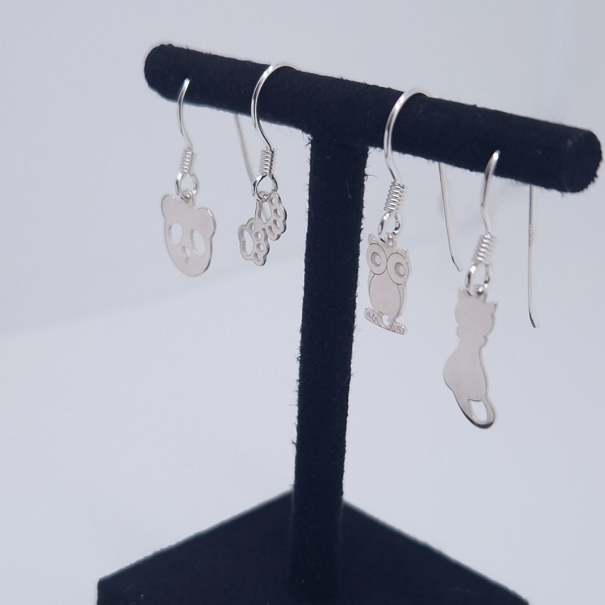 Ohrringe kleine Tiermotive 925 Silber hängend Tiere Panda Pfote Eule Katze