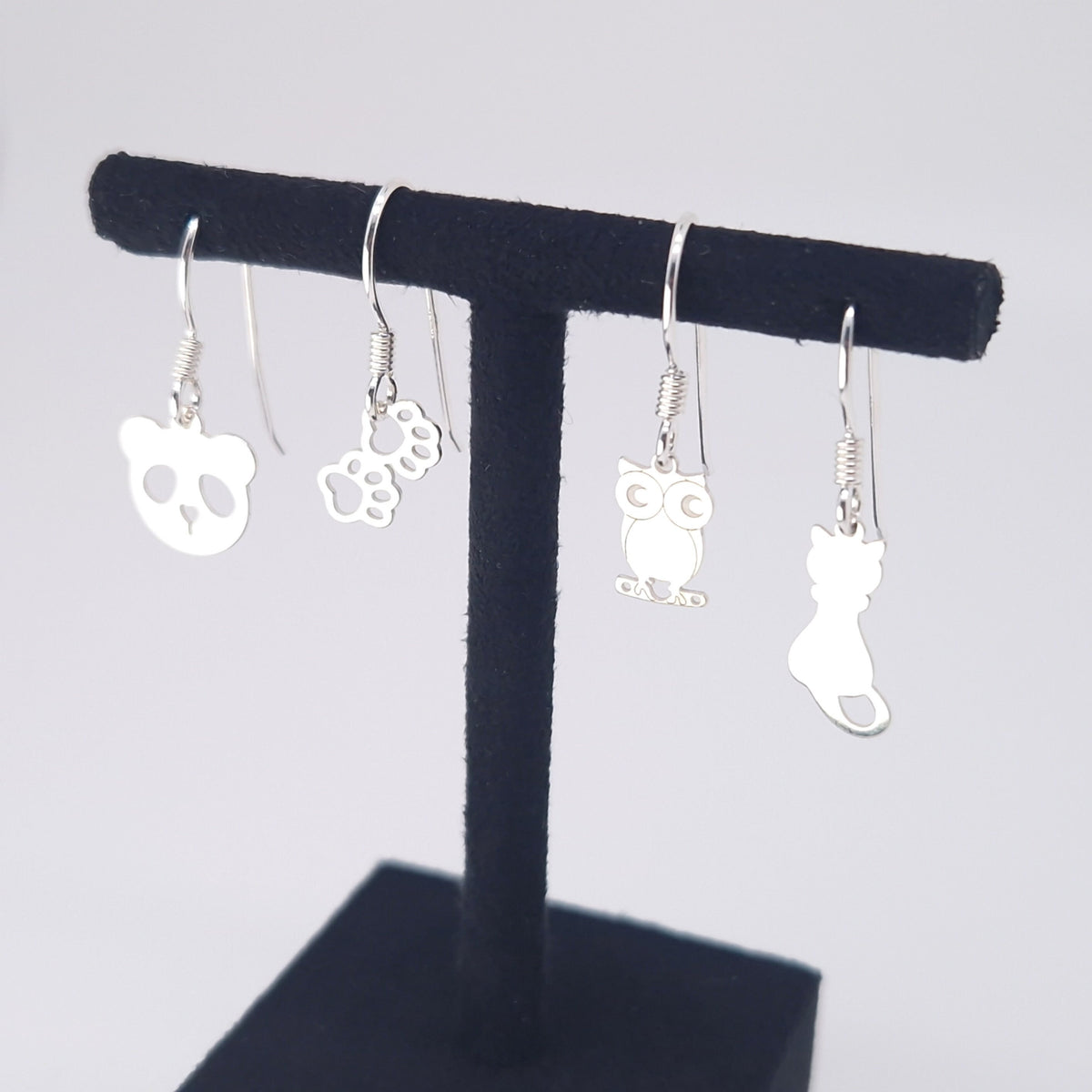 Ohrringe kleine Tiermotive 925 Silber hängend Tiere Panda Pfote Eule Katze