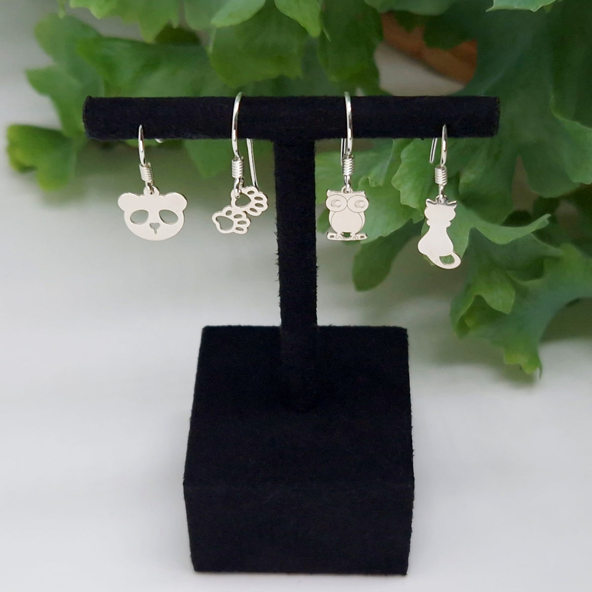 Ohrringe kleine Tiermotive 925 Silber hängend Tiere Panda Pfote Eule Katze