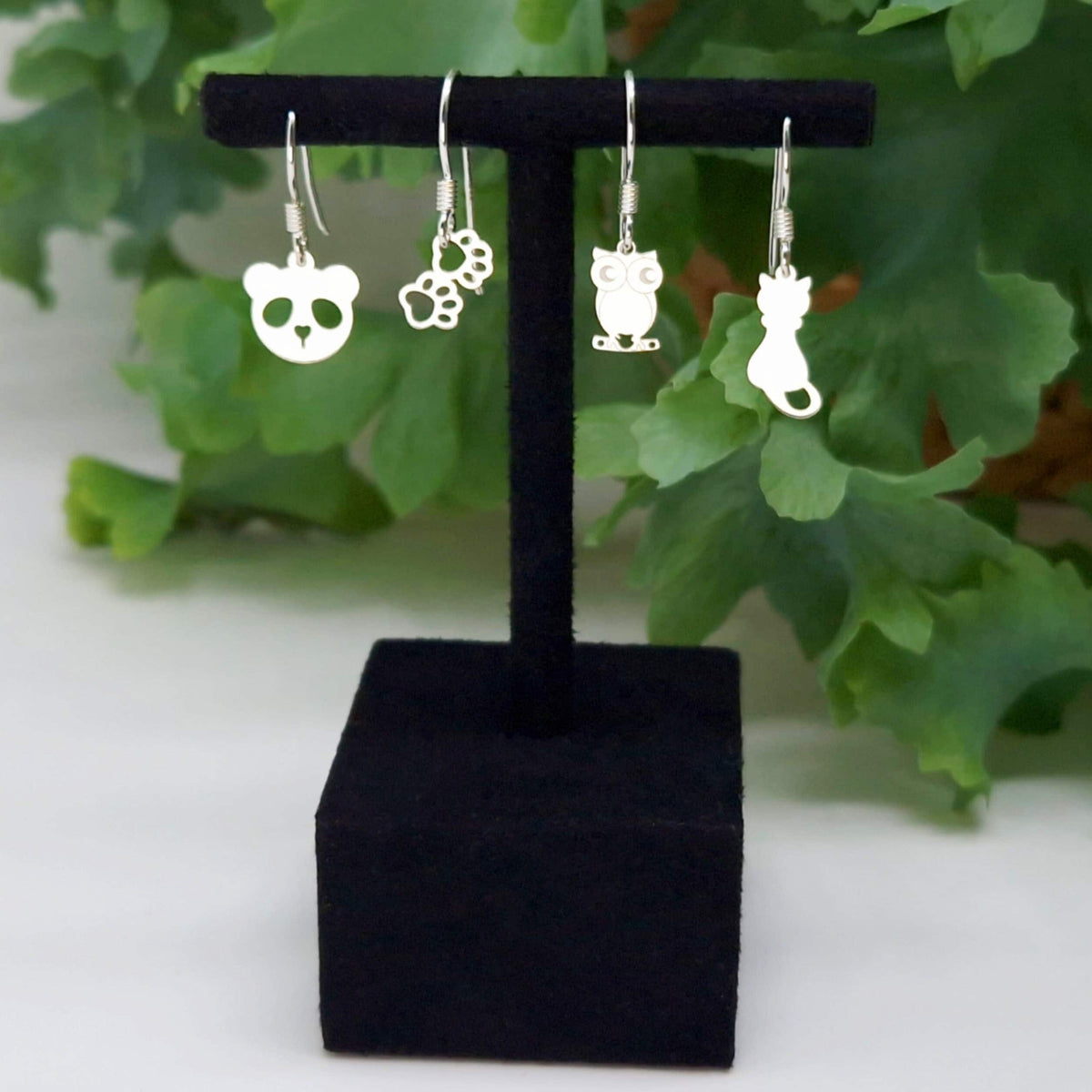 Ohrringe kleine Tiermotive 925 Silber hängend Tiere Panda Pfote Eule Katze