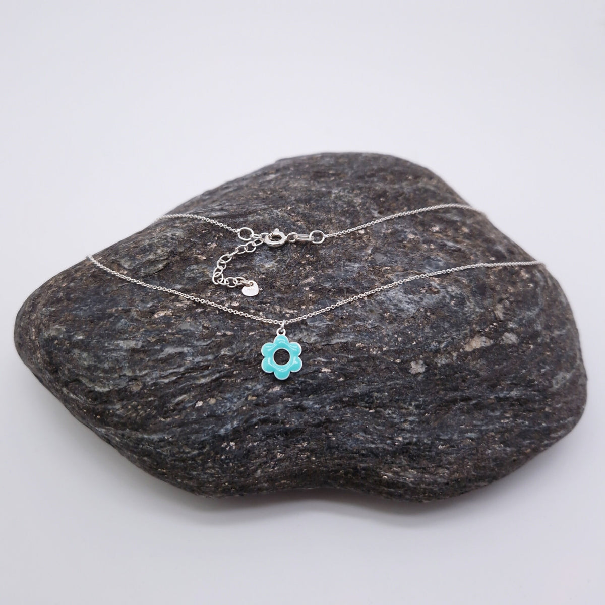 Halskette Emaille Blume 925 Silber, runde Blüte mit Loch, türkis