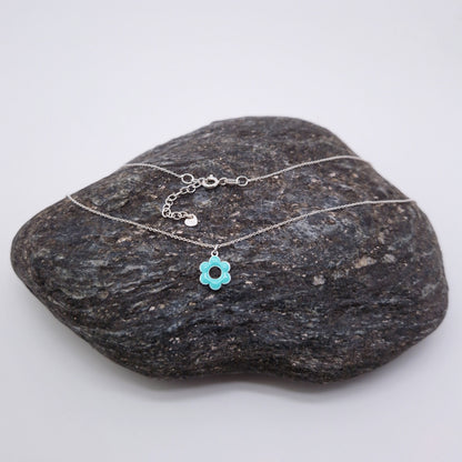 Halskette Emaille Blume 925 Silber, runde Blüte mit Loch, türkis