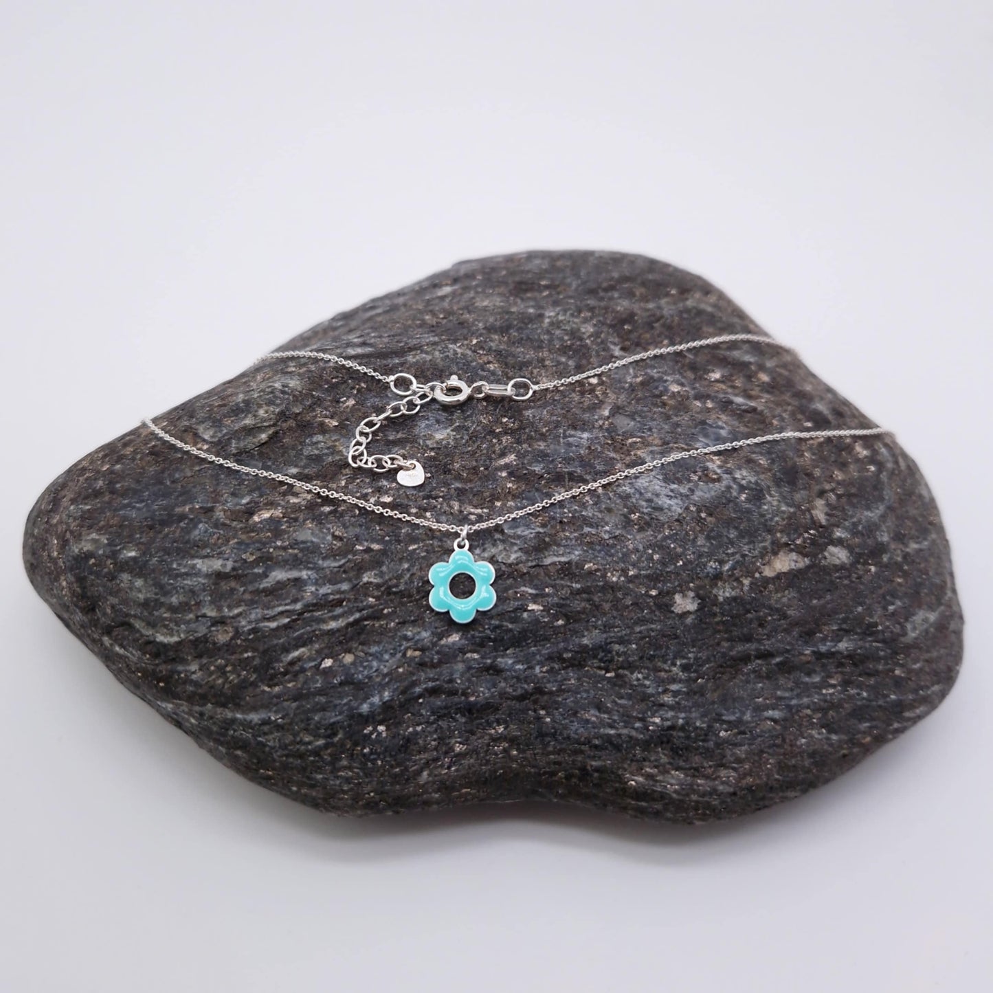 Halskette Emaille Blume 925 Silber, runde Blüte mit Loch, türkis
