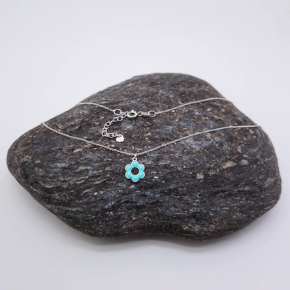 Halskette Emaille Blume 925 Silber, runde Blüte mit Loch, türkis