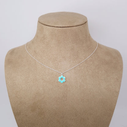 Halskette Emaille Blume 925 Silber, runde Blüte mit Loch, türkis