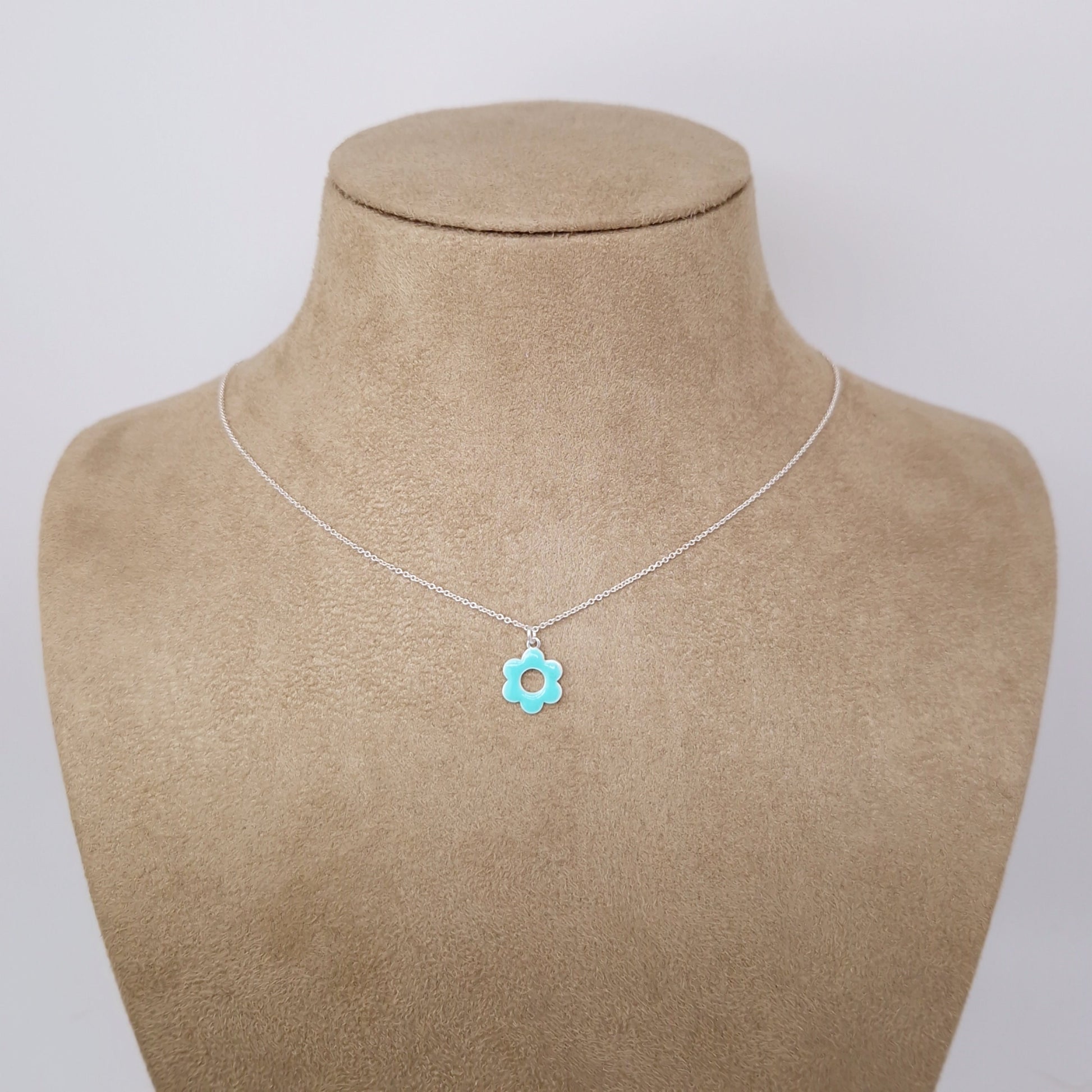 Halskette Emaille Blume 925 Silber, runde Blüte mit Loch, türkis