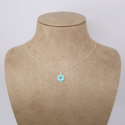 Halskette Emaille Blume 925 Silber, runde Blüte mit Loch, türkis