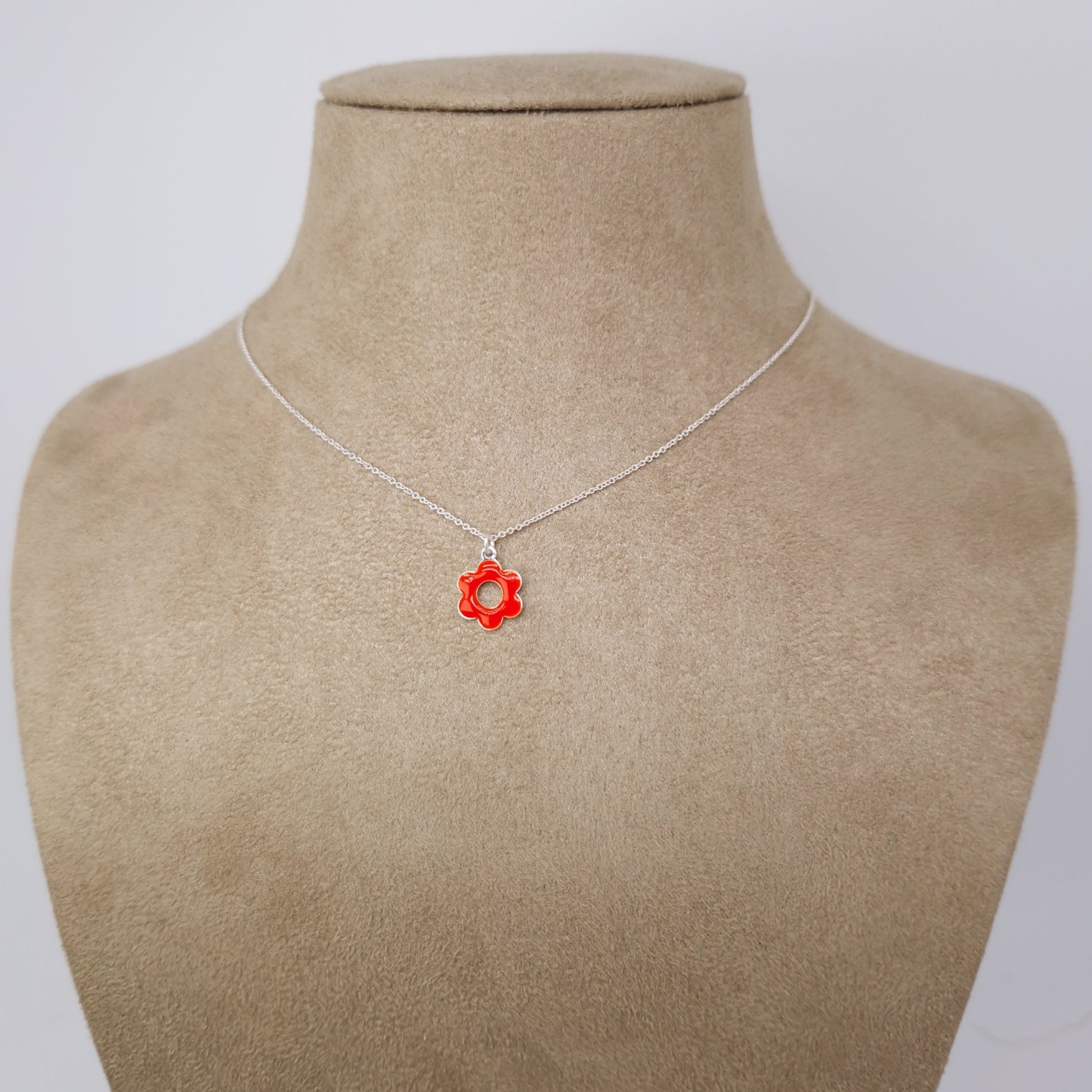 Halskette Emaille Blume 925 Silber runde Blüte mit Loch rot