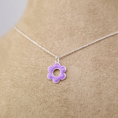 Halskette Emaille Blume 925 Silber, runde Blüte mit Loch, lila