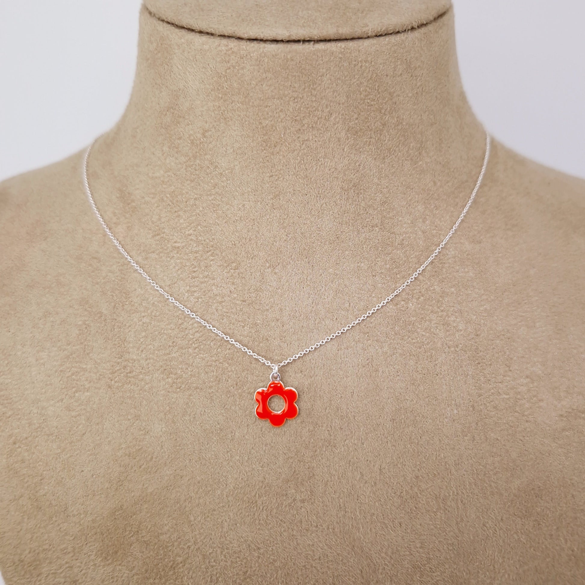 Halskette Emaille Blume 925 Silber runde Blüte mit Loch rot
