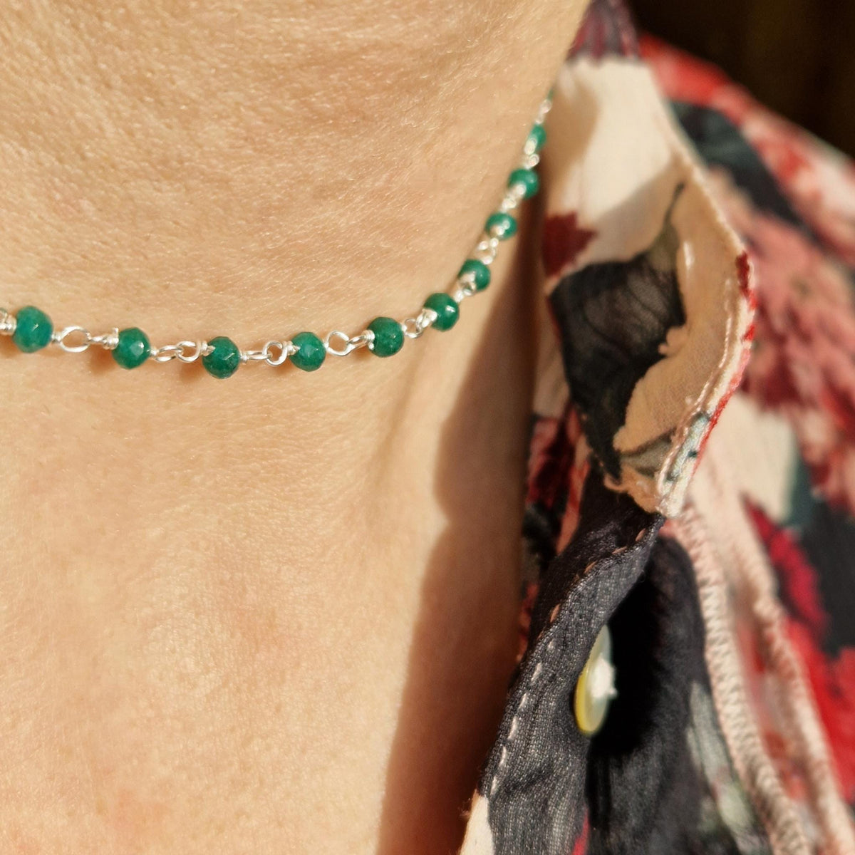Halskette grüne Jade 925 Silber filigran Edelstein Naturstein facettiert