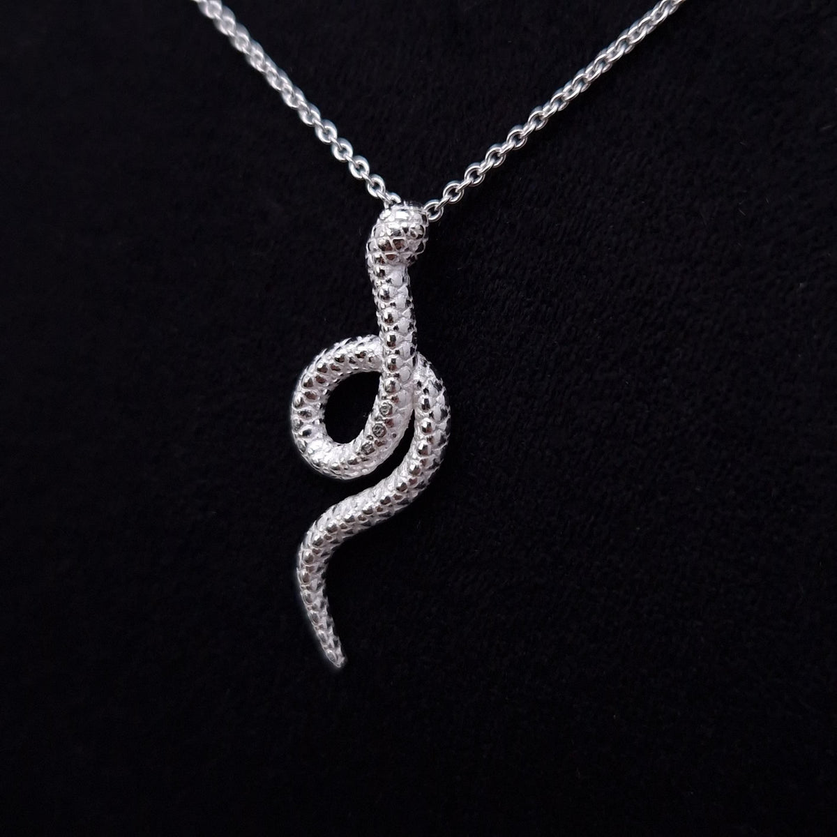 Halskette aus 925 Sterling Silber mit Schlangenhänger gewundene Schlange in Nahaufnahme frontal.