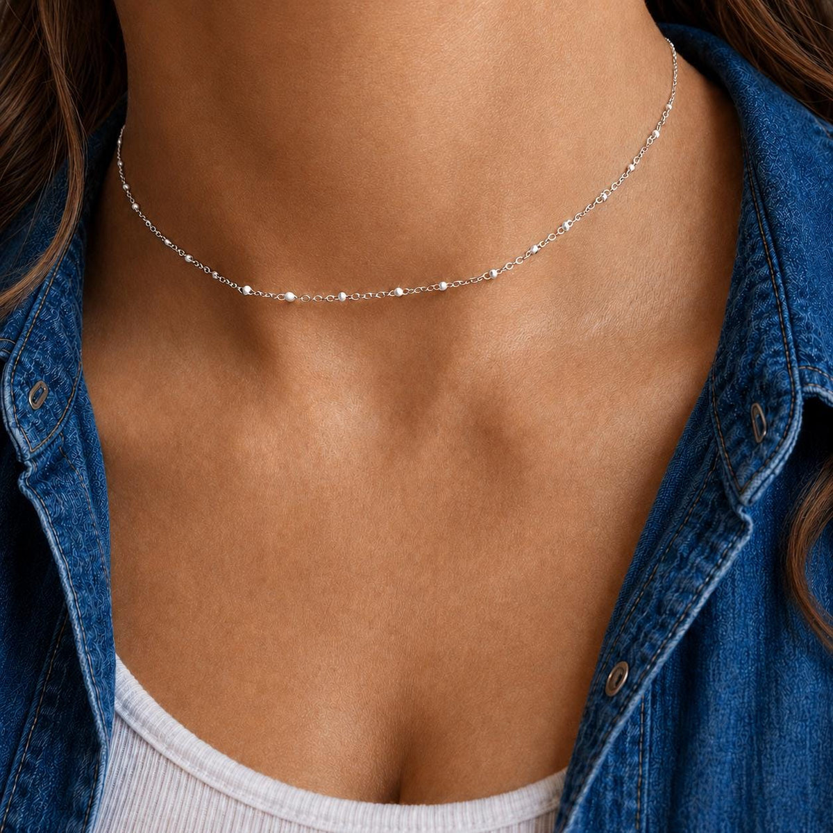 Halskette mit Emaille Perlen 925 Silber zarte facettierte Ankerkette Layering